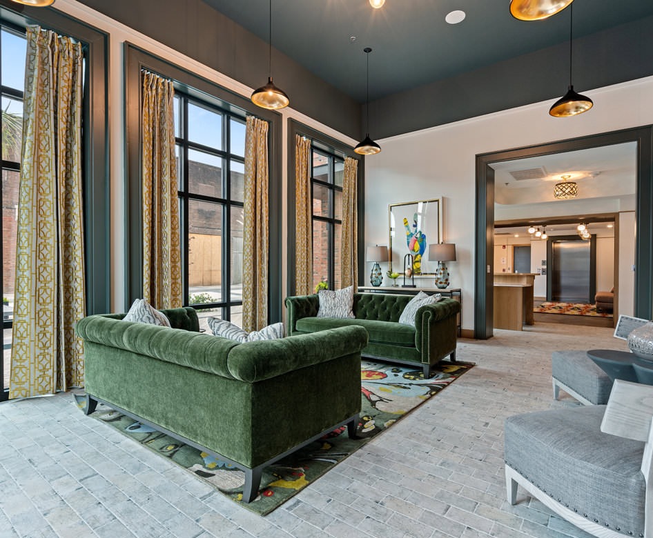 large, high windows in luxurious clubhouse